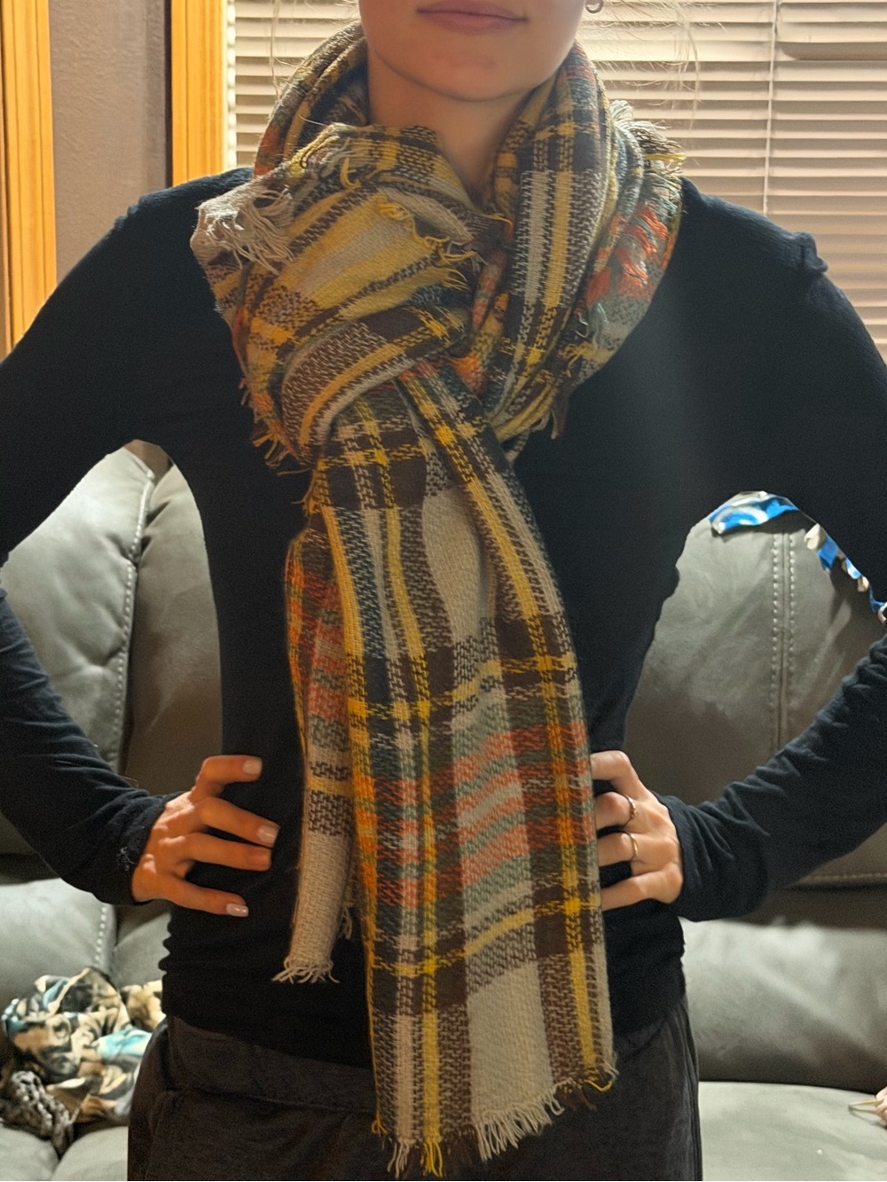 Plaid Fringe Scarf in Yellow and Gray - Women's Accessory